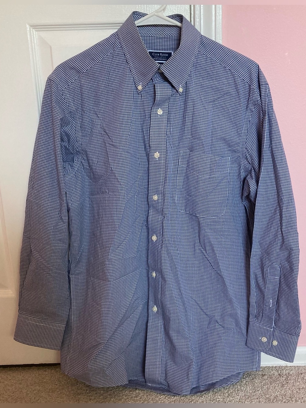 Club Room Regular Fit Performance Navy and White Micro-Check Button-Down Shirt